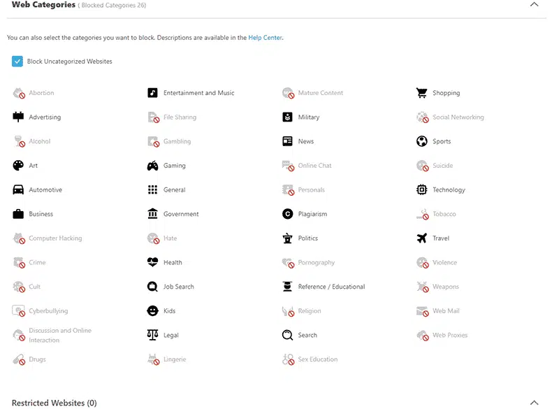 Norton Family web filters