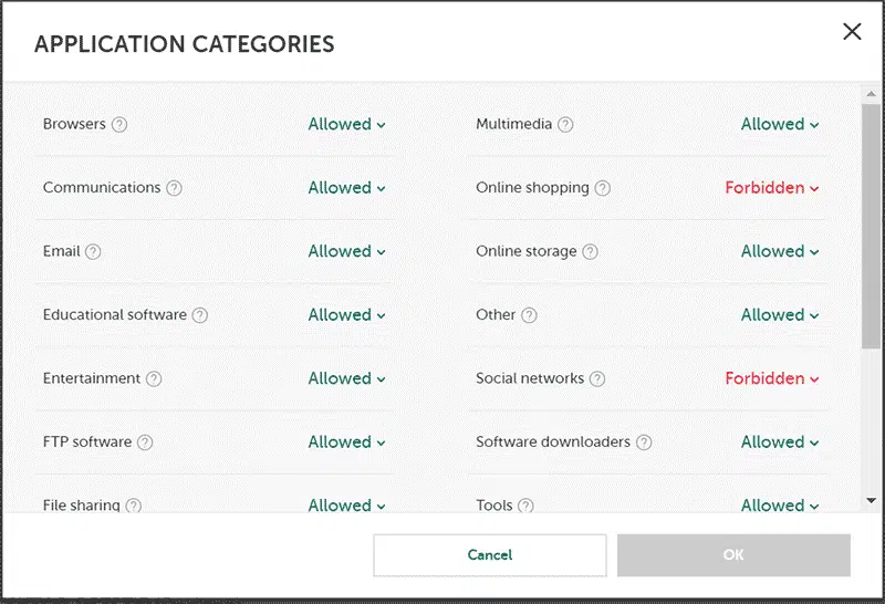 Kaspersky Safe Kids app categories